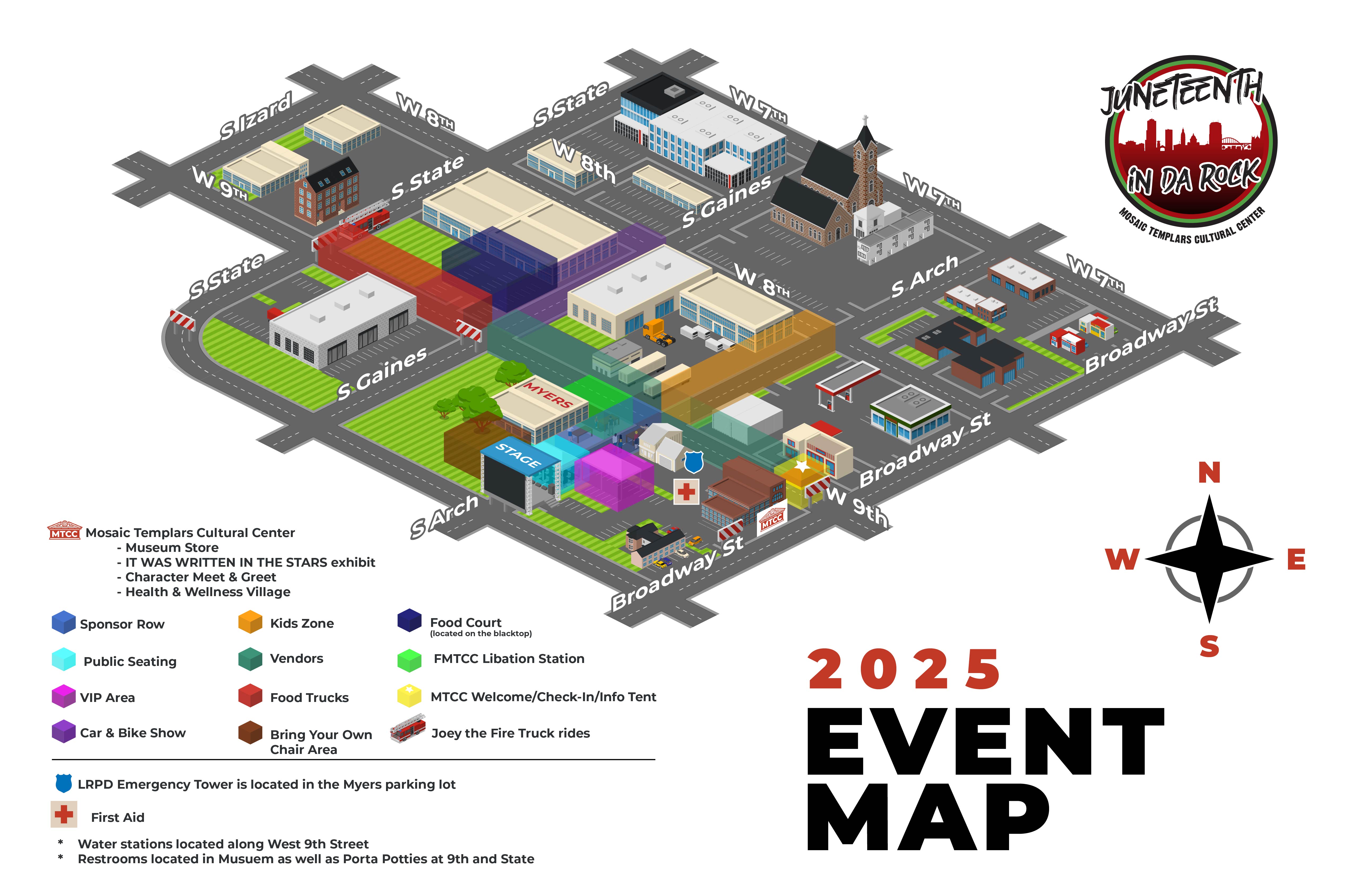 Illustrated map of event placements for Juneteenth in Da Rock 2025